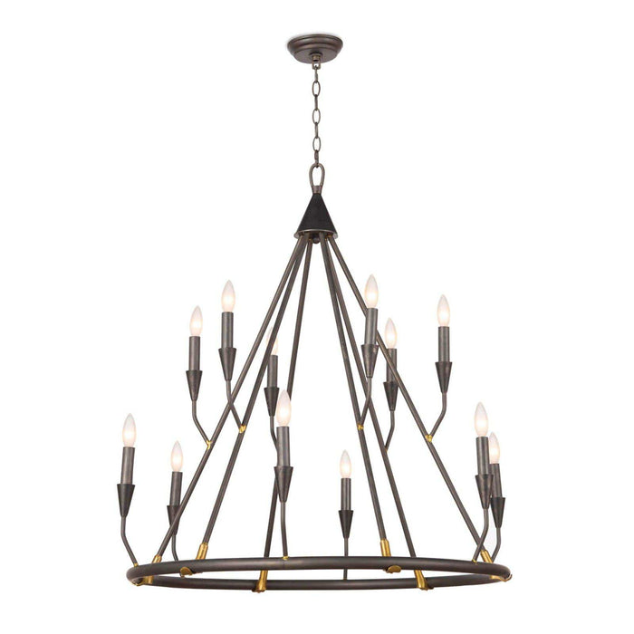 Sierra Blackened Steel Double Tier Chandelier, rustic modern farmhouse style, 12 candelabra bulbs.