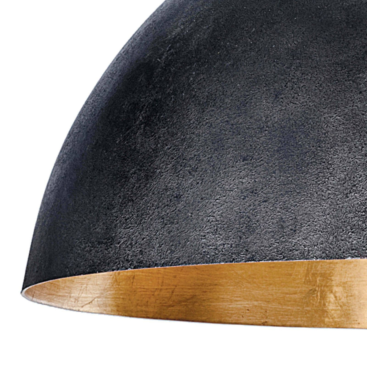 Large black dome pendant light with a textured exterior and a gold-leafed interior rim.