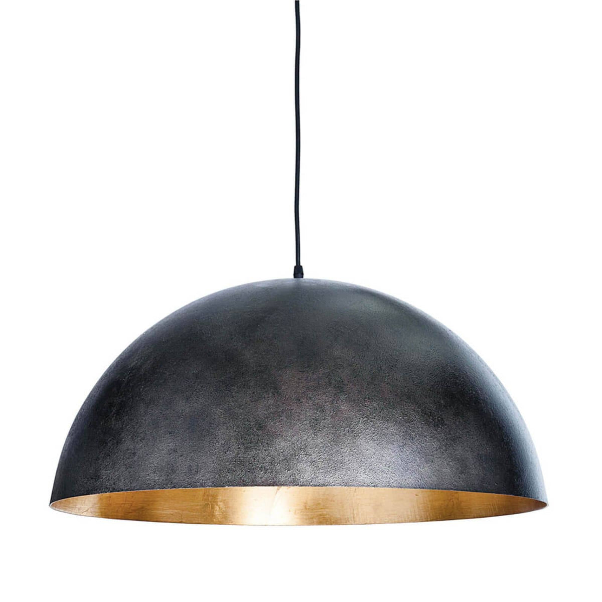 Large black dome pendant light with a gold-leafed interior, hanging from a black cord.