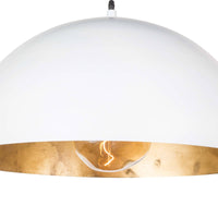 Large white dome pendant light with a gold-leafed interior and exposed bulb.