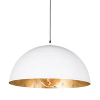 Large white dome pendant light with a gold-leafed interior and exposed bulb.