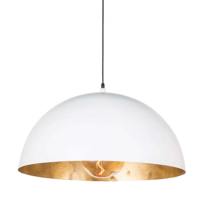 Large white dome pendant light with a gold-leafed interior and exposed bulb.