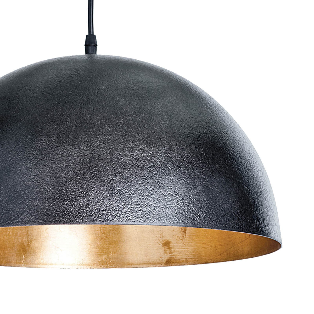 Sigmund Small Black Gold pendant light, a simple dome shade with a textured black exterior and gold-leafed interior.