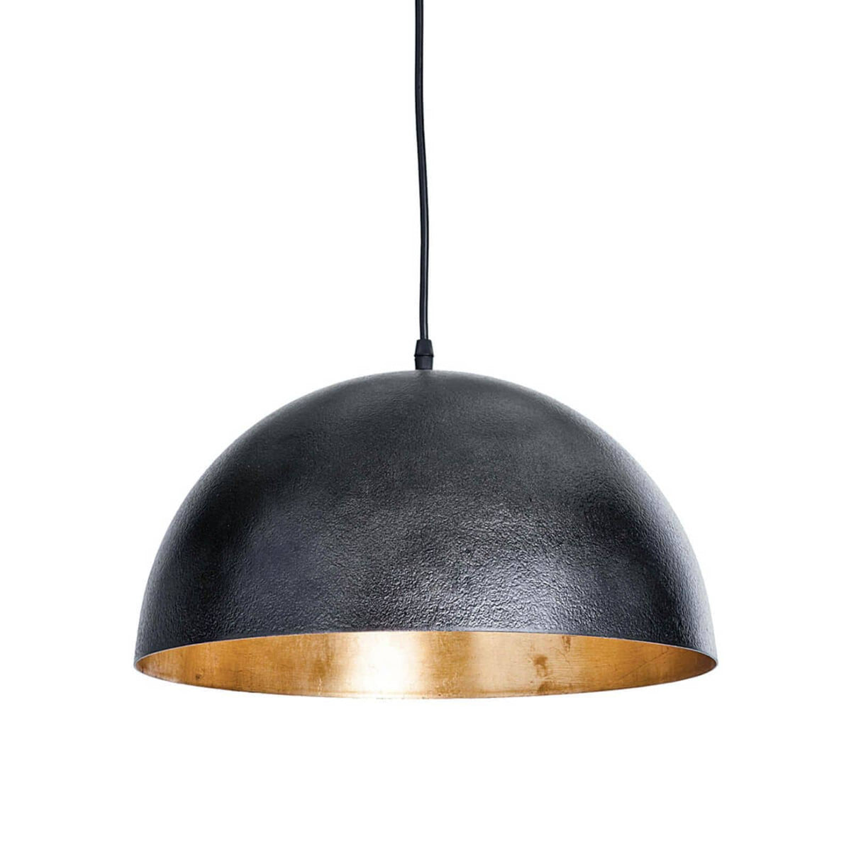 Small black dome pendant light with a gold-leafed interior, hanging from a black cord.