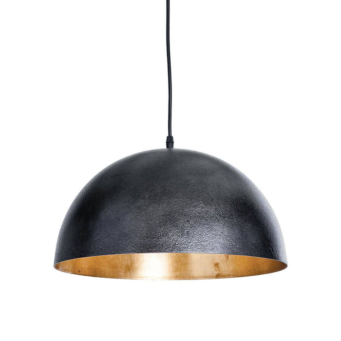 Small black dome pendant light with a gold-leafed interior, hanging from a black cord.