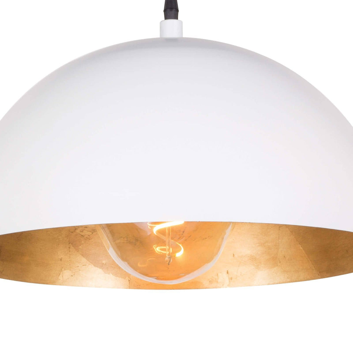 Sigmund Small White Gold Pendant light with a sleek dome shade and gold-leafed interior, featuring an exposed bulb.