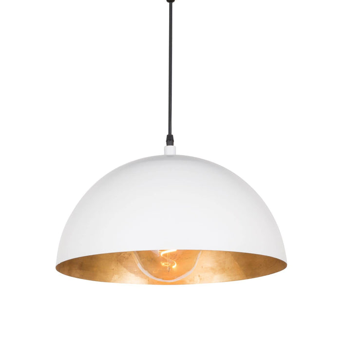 White gold Sigmund pendant light with a simple dome shade and gold-leafed interior, featuring a visible bulb.