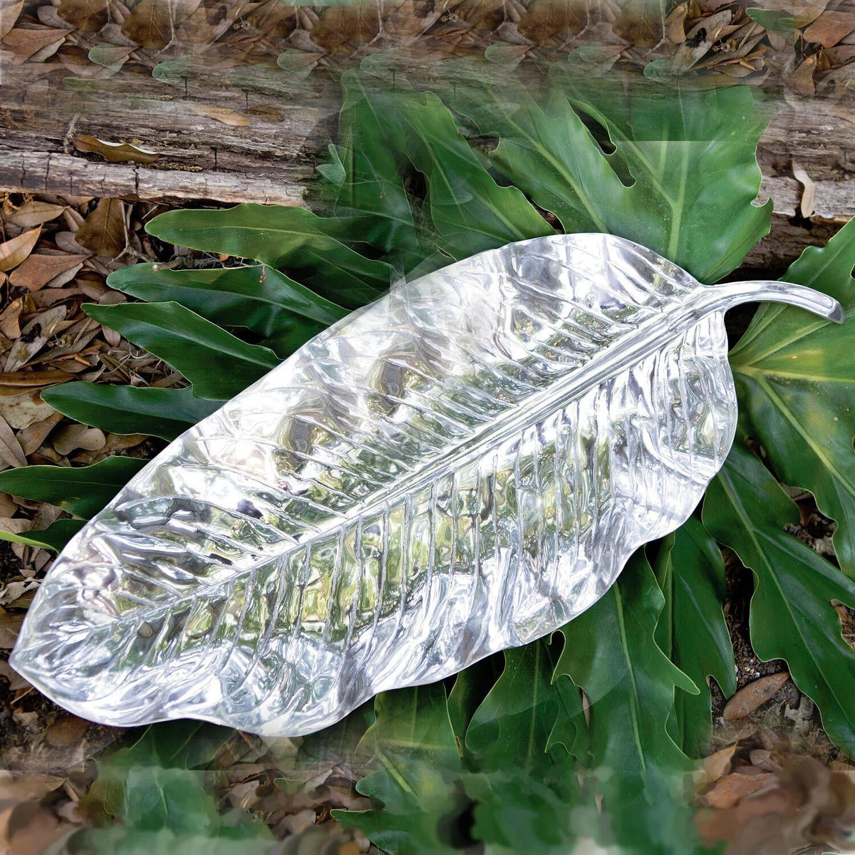 Silver Garden Zebra Leaf Large Serving Platter - Platter Top View | Bone & Brass
