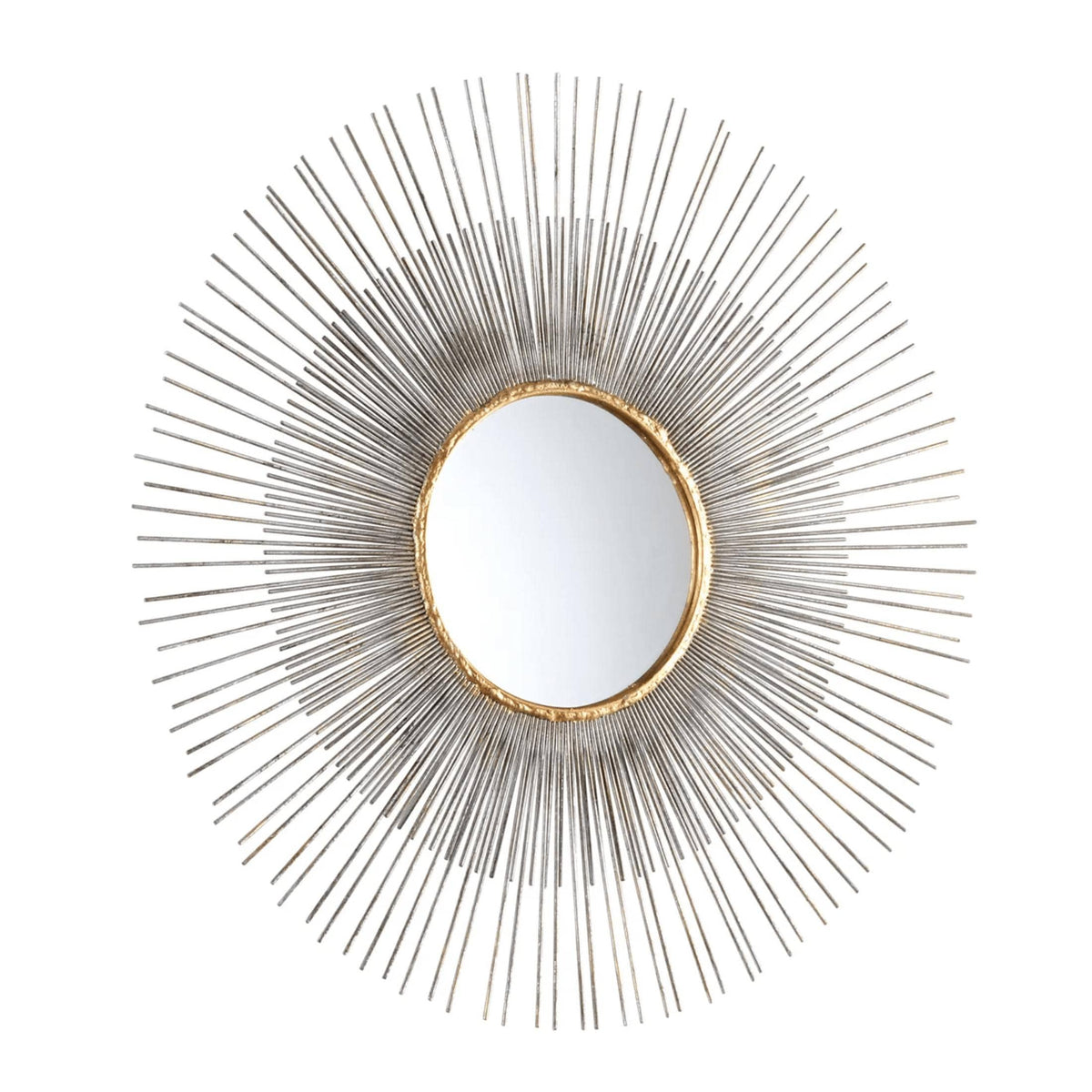 Antiqued silver leaf sunburst mirror with a central round mirror and radiating iron lines.