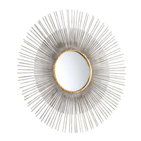 Antiqued silver leaf sunburst mirror with a central round mirror and radiating iron lines.
