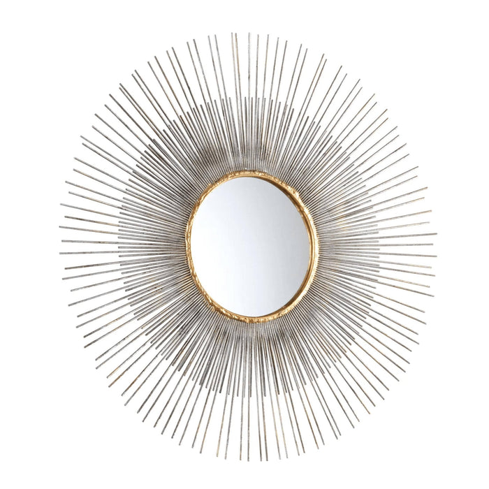Antiqued silver leaf sunburst mirror with a central round mirror and radiating iron lines.