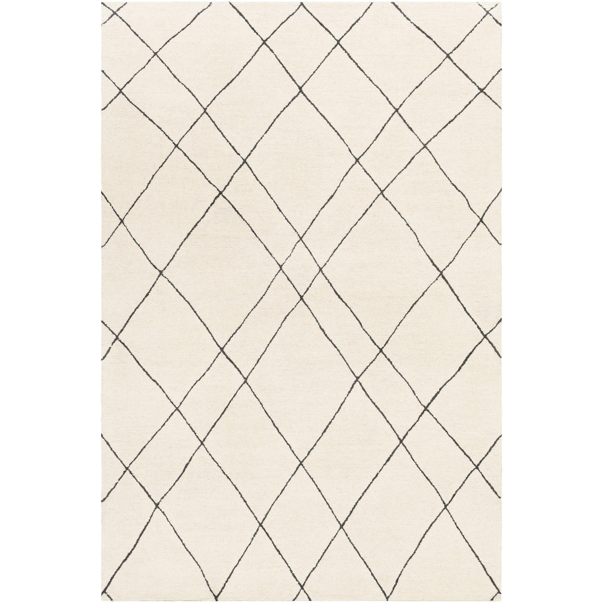 Sinop cream and black hand-tufted wool rug with a globally inspired diamond pattern.