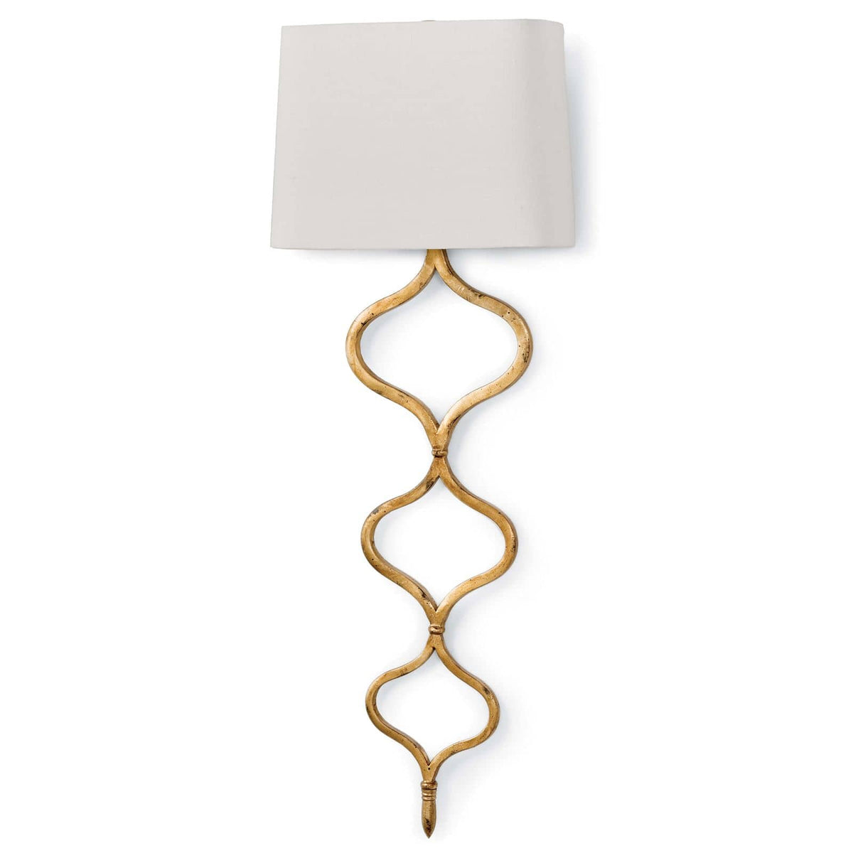 Elegant Sinuous Sconce in gold leaf with a twisting metal pattern and a natural linen shade.