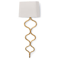 Elegant Sinuous Sconce in gold leaf with a twisting metal pattern and a natural linen shade.