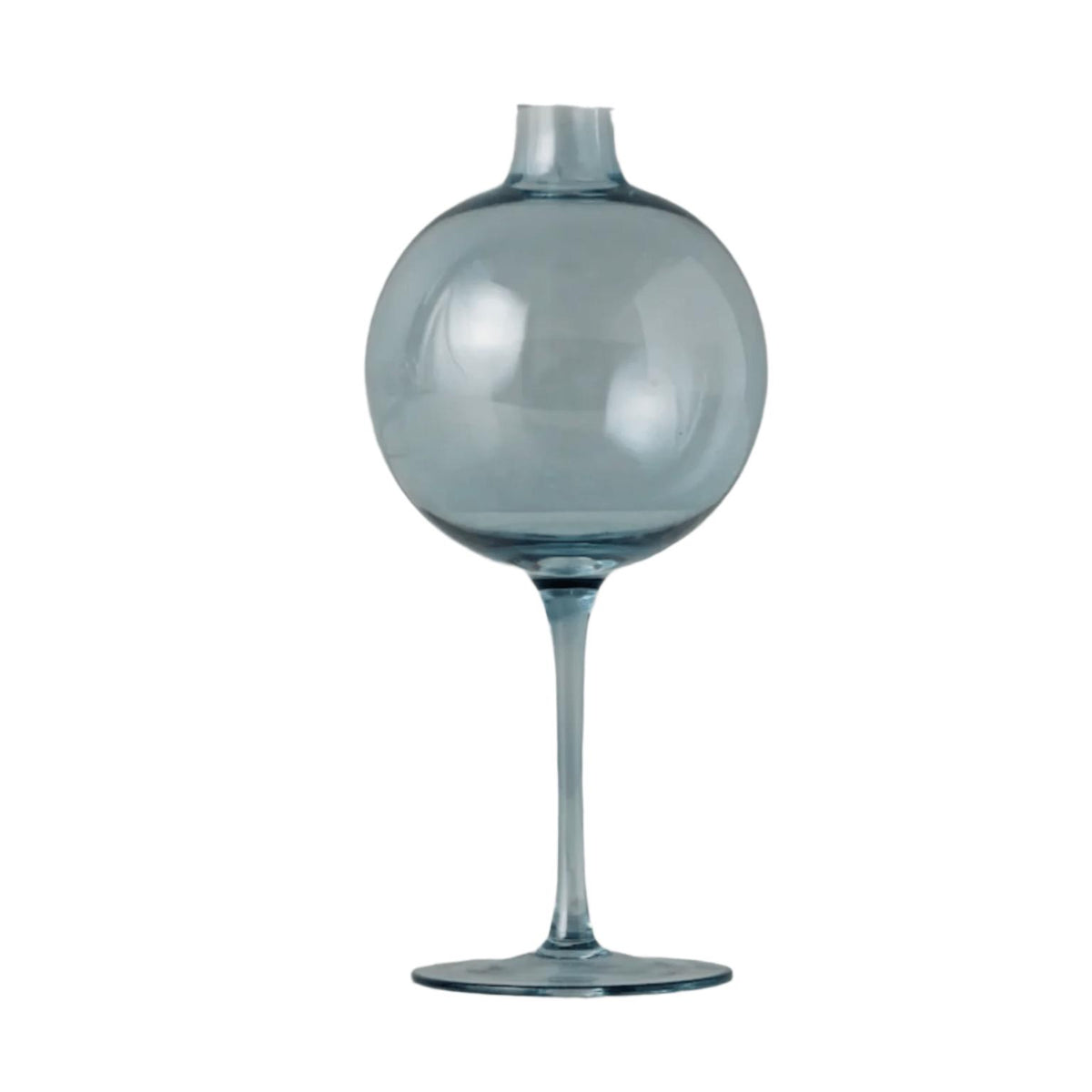 Sky blue glass wine glass vase with a spherical body and elegant stem.