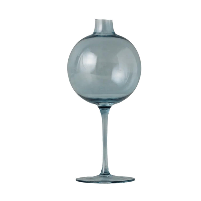 Sky blue glass wine glass vase with a spherical body and elegant stem.