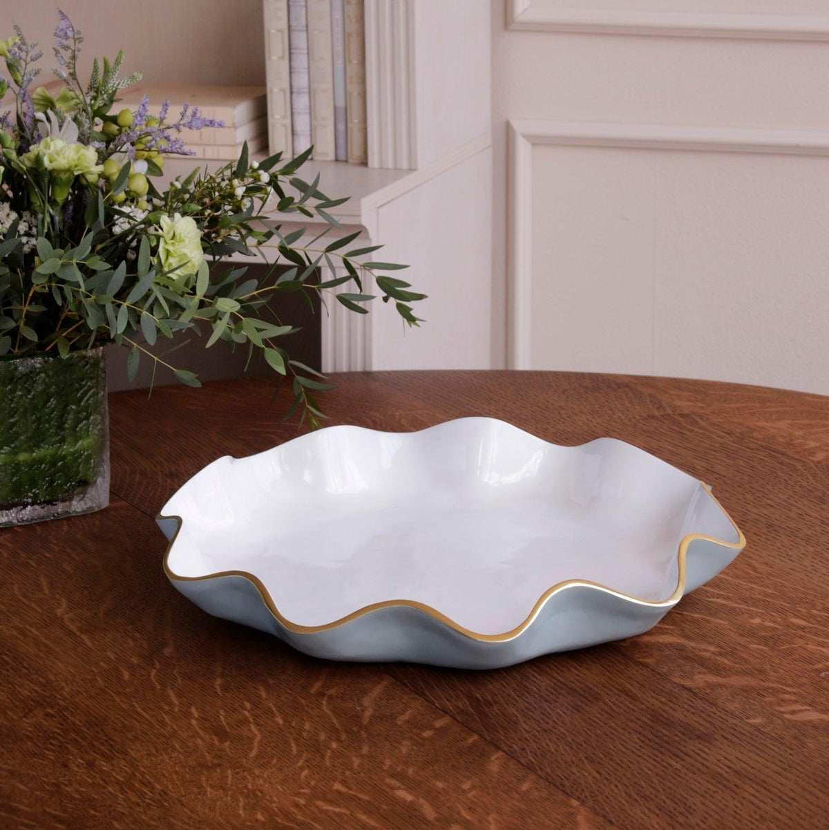 Slate Blue & White Large Round Scalloped Platter - Platter Top View | Bone & Brass