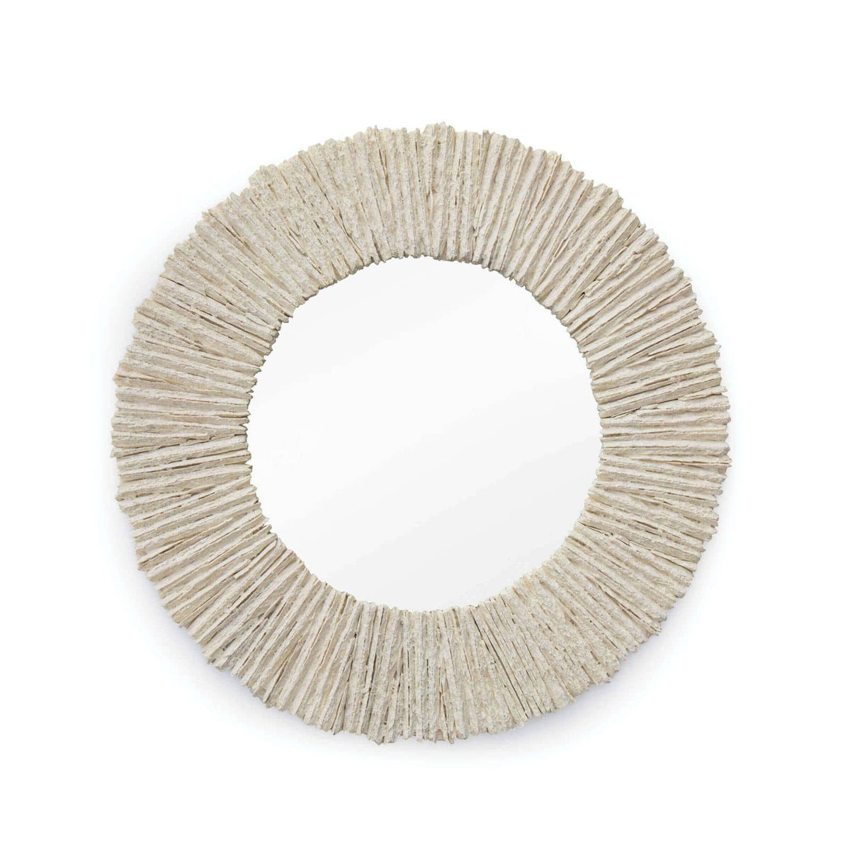 Round mirror with a textured, natural beige, slate-inspired frame.