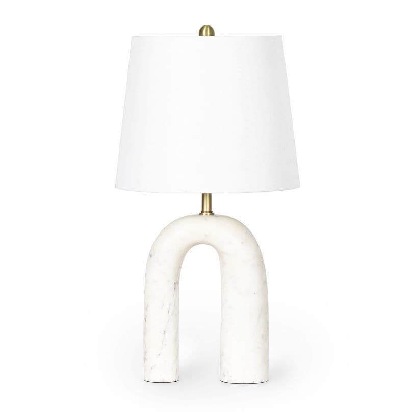 Slinkly Marble Table Lamp with an arched white marble base, brass accents, and a white linen shade.