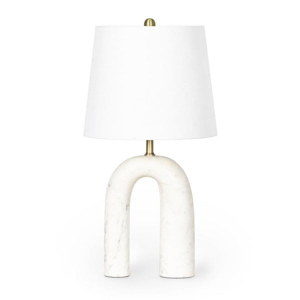 Slinkly Marble Table Lamp with an arched white marble base, brass accents, and a white linen shade.