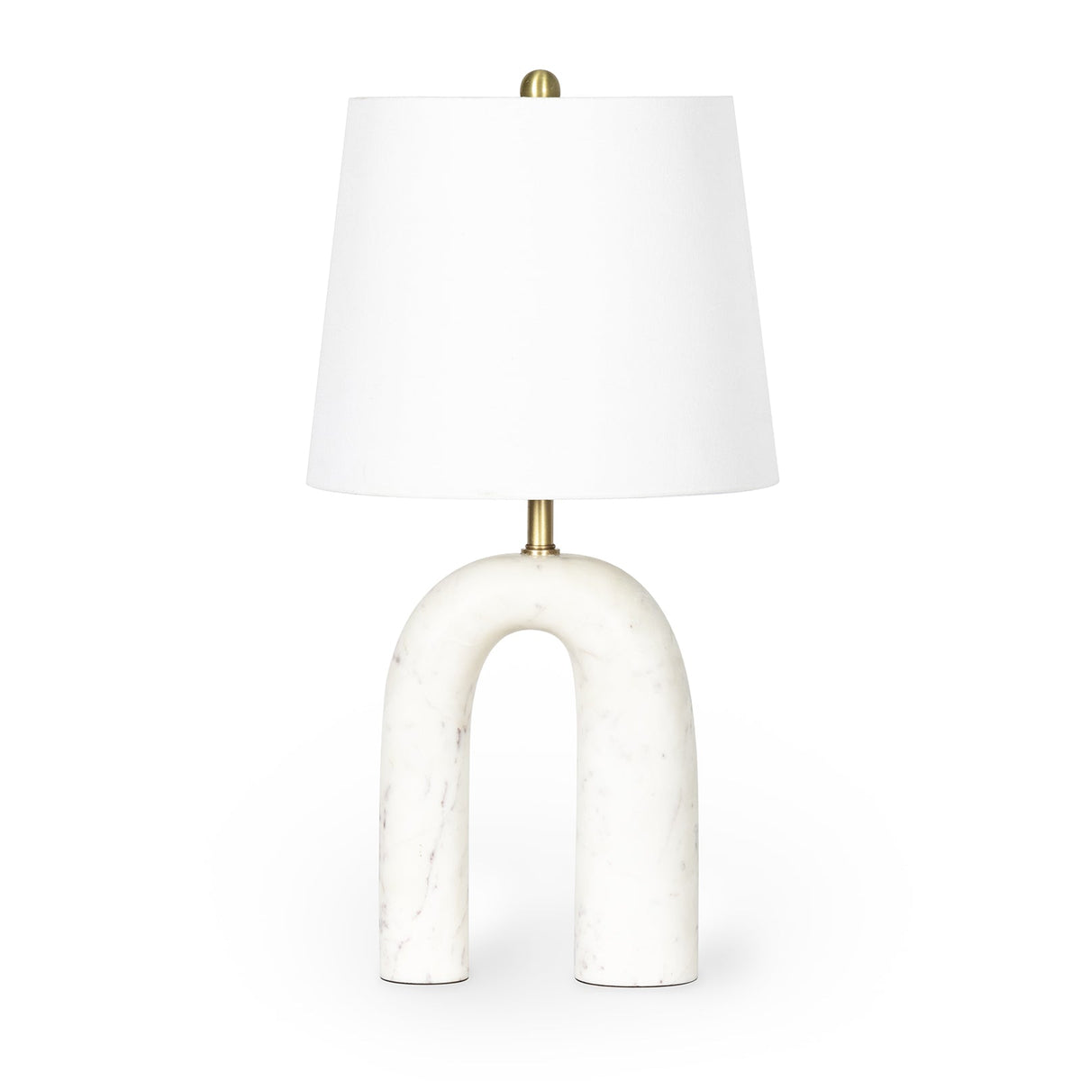 Slinkly Marble Table Lamp with a unique arched solid marble base, white linen shade, and polished brass accents.