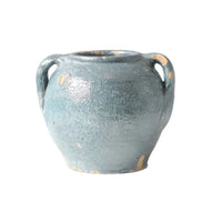 Small antique blue French clay pot with two handles and aged patina.