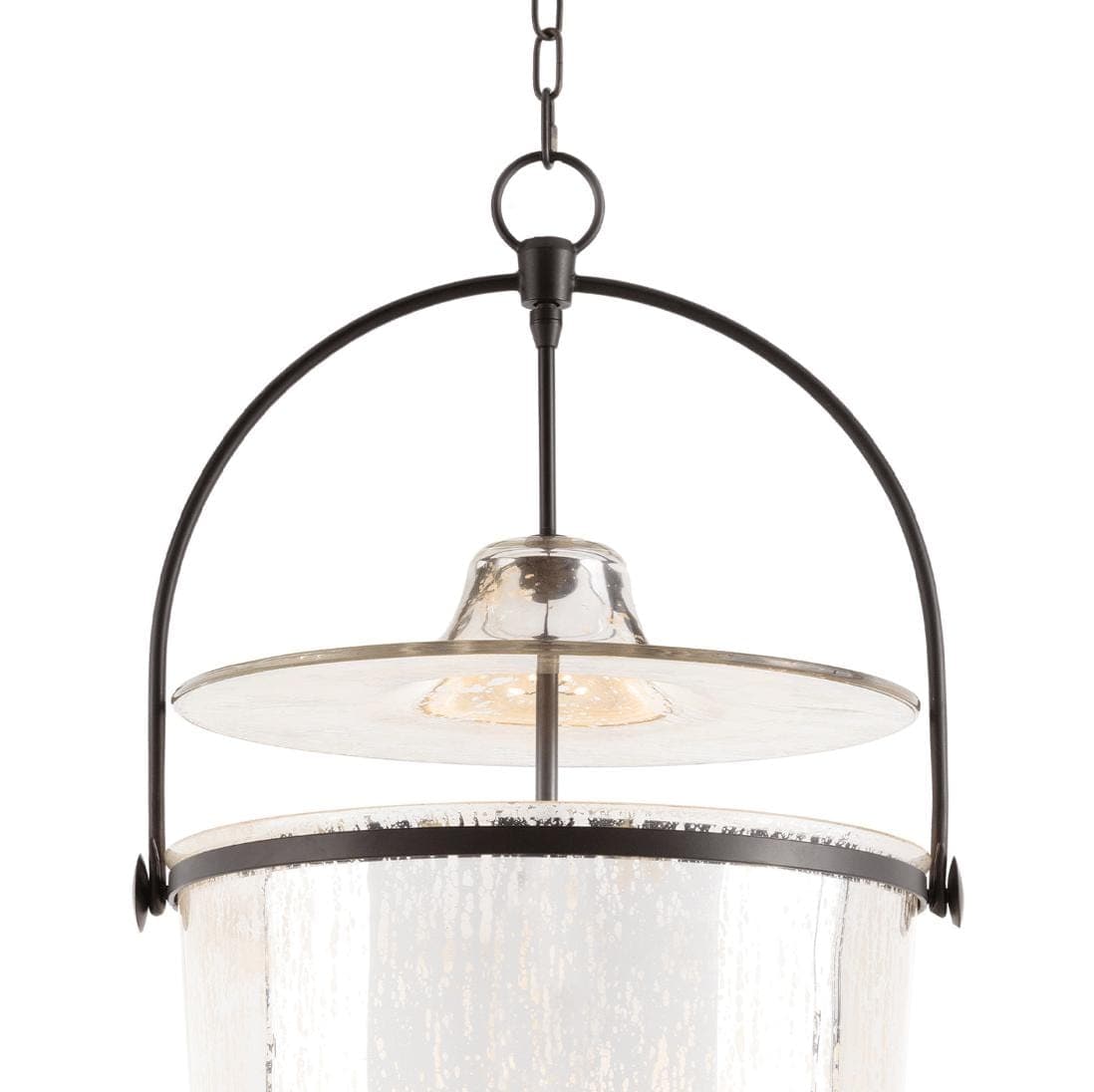 Small bronze Emerson bell jar pendant with antique mercury glass and oil rubbed bronze hardware.