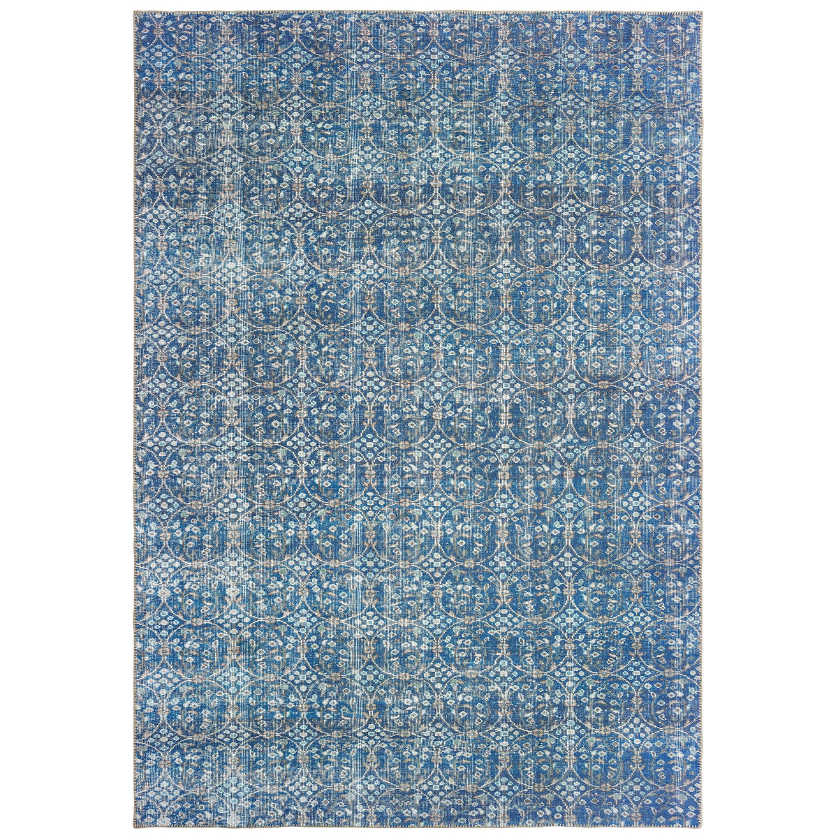 Sofia Blue & Brown Casual Rug with distressed traditional pattern, polyester chenille.
