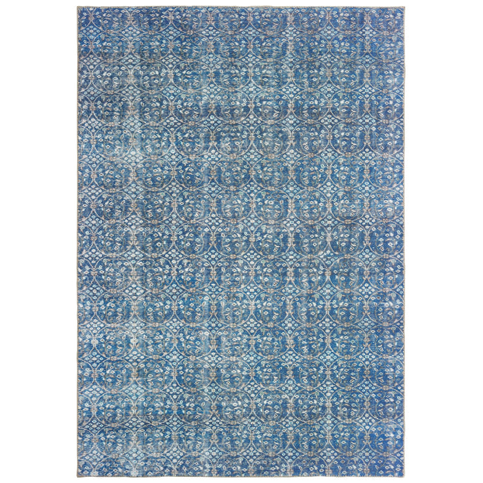 Sofia Blue & Brown Casual Rug with distressed traditional pattern, polyester chenille.