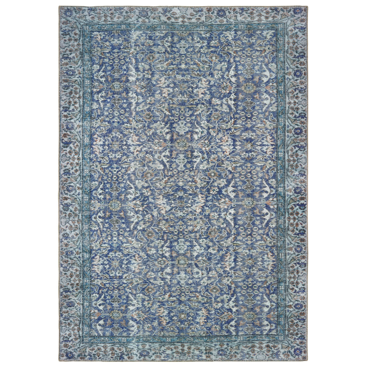 Sofia Blue Casual Rug with antique-inspired traditional patterns, machine-woven polyester chenille.