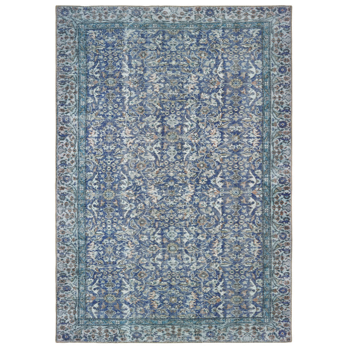 Sofia Blue Casual Rug with antique-inspired traditional patterns, machine-woven polyester chenille.