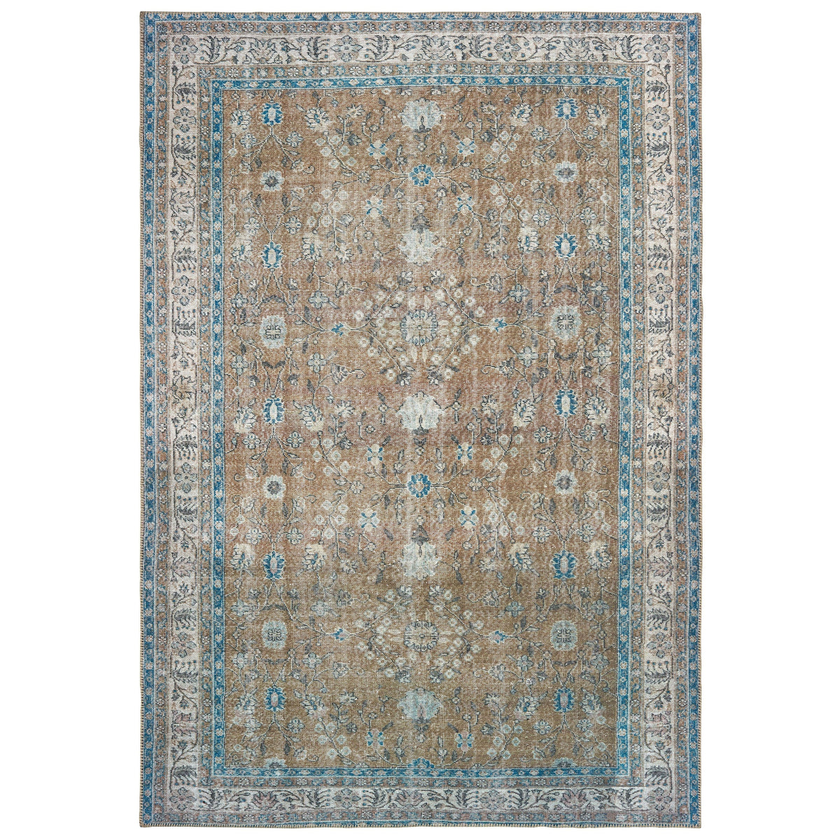Sofia Gold & Blue Traditional Rug with antique-inspired floral design, machine-woven polyester chenille.