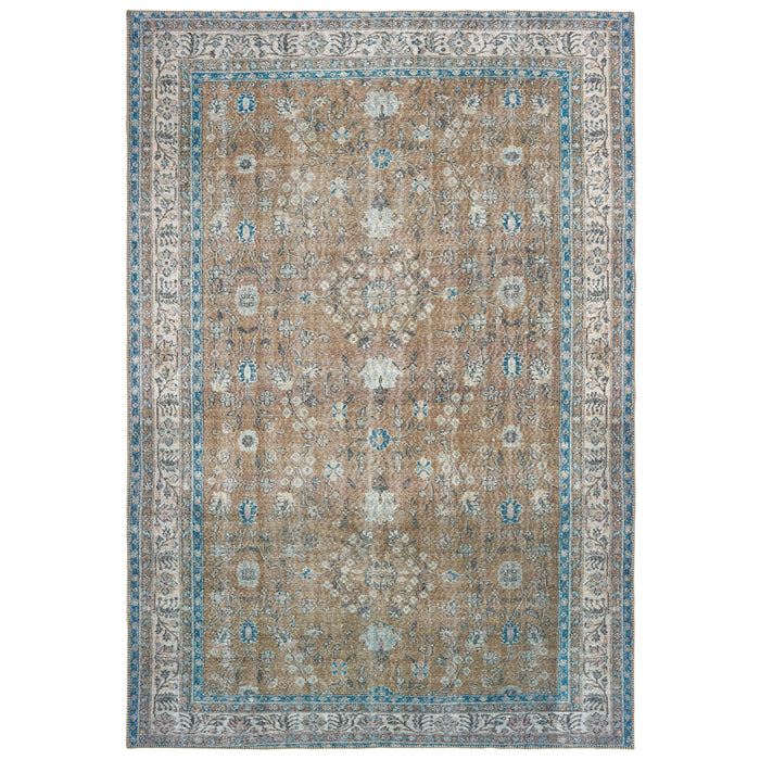 Sofia Gold & Blue Traditional Rug with antique-inspired floral design, machine-woven polyester chenille.