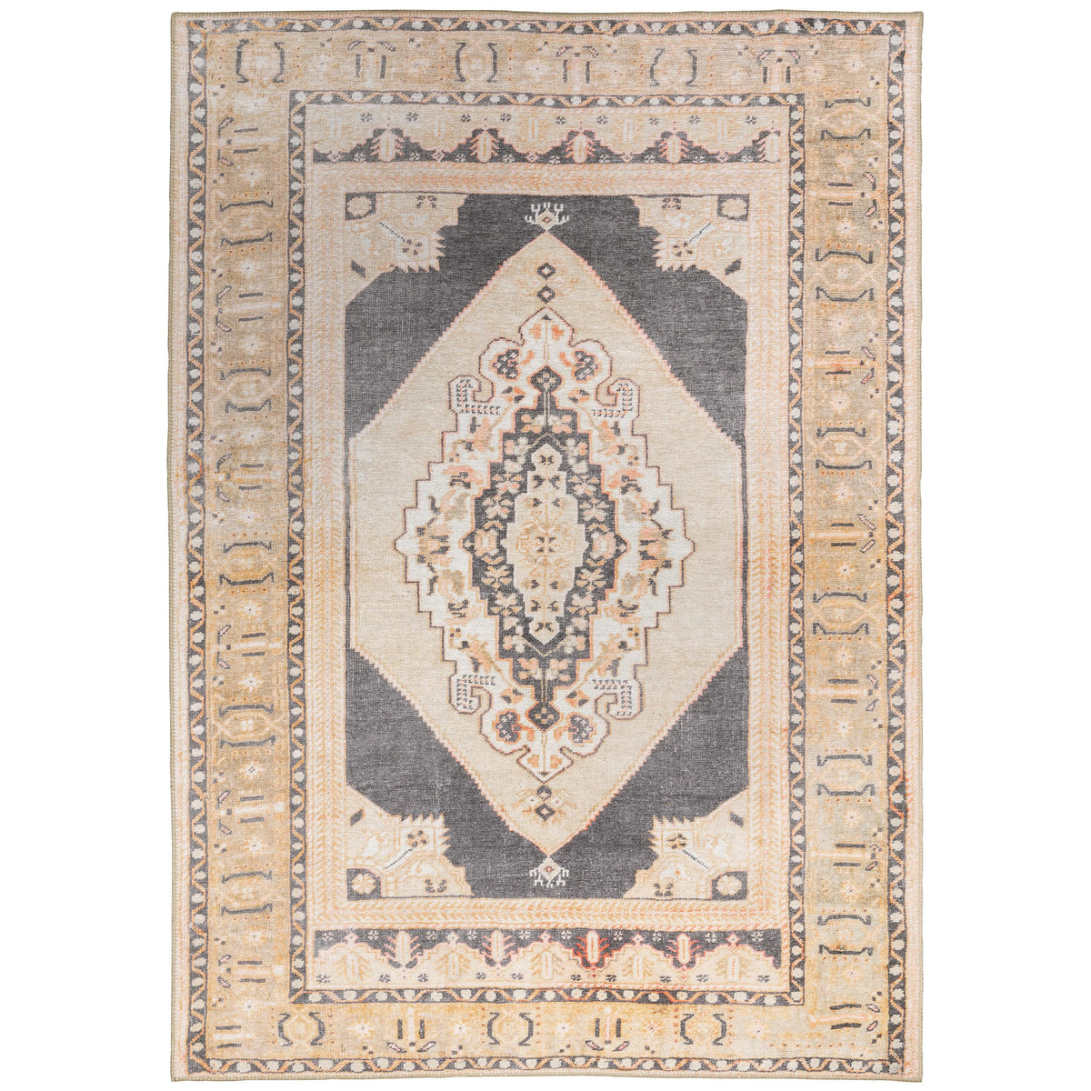Sofia Gold & Charcoal Traditional Rug with distressed pattern, polyester chenille.