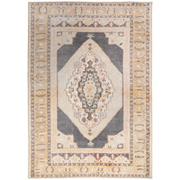 Sofia Gold & Charcoal Traditional Rug with distressed pattern, polyester chenille.