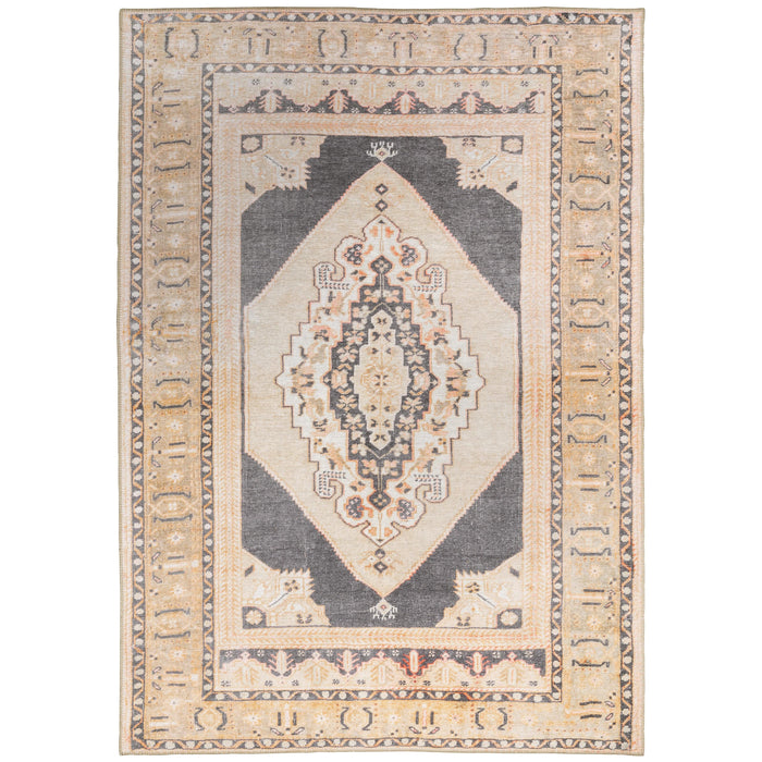 Sofia Gold & Charcoal Traditional Rug with distressed pattern, polyester chenille.