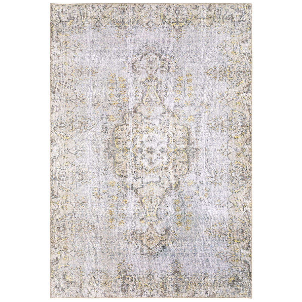 Sofia Grey & Gold traditional rug with a distressed pattern, machine-woven polyester chenille.