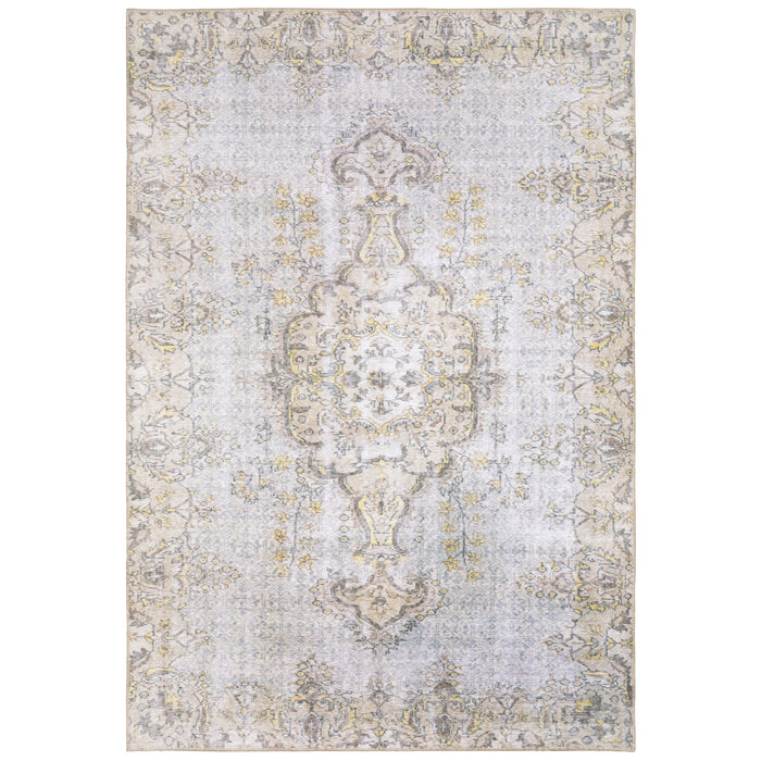 Sofia Grey & Gold traditional rug with a distressed pattern, machine-woven polyester chenille.