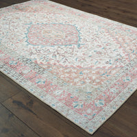 Sofia Ivory & Pink Traditional Rug with distressed floral pattern, machine-woven polyester chenille.