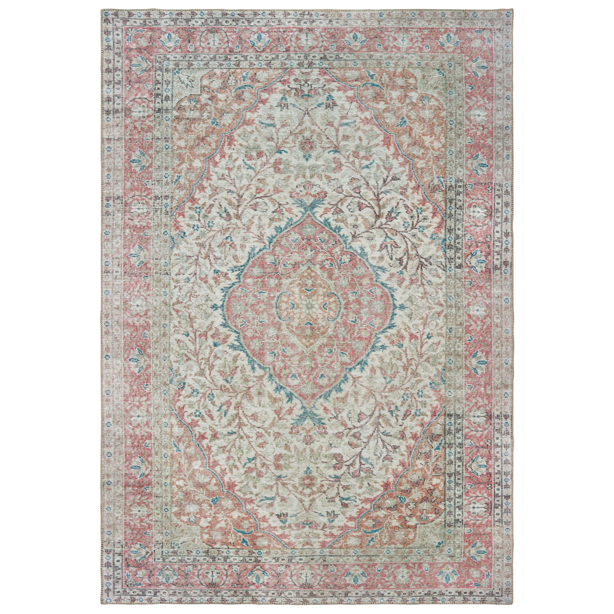 Sofia Ivory & Pink Traditional Rug with distressed floral pattern, machine-woven polyester chenille.