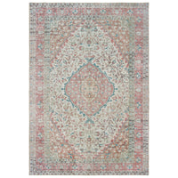 Sofia Ivory & Pink Traditional Rug with distressed floral pattern, machine-woven polyester chenille.