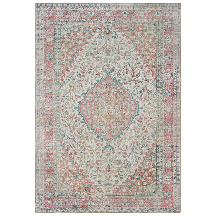 Sofia Ivory & Pink Traditional Rug with distressed floral pattern, machine-woven polyester chenille.