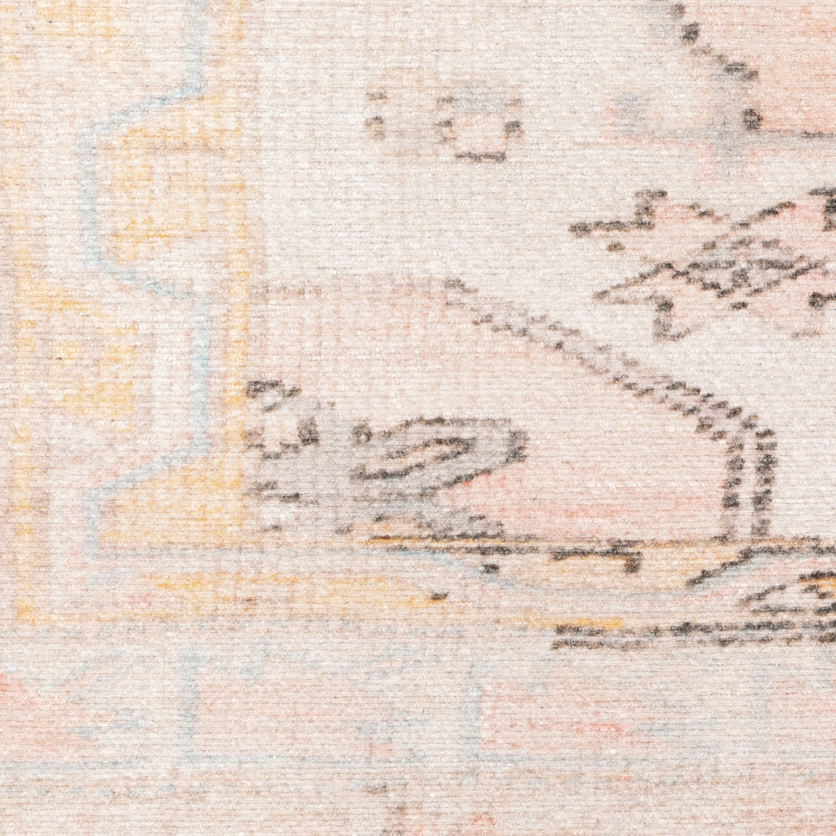 Close-up of Sofia Pink Distressed Traditional Rug, showing vintage-inspired patterns in pink, peach, and yellow.