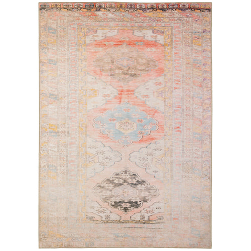 Sofia Pink Distressed Traditional Rug, a long runner with vintage-inspired patterns in pink, blue, and yellow.