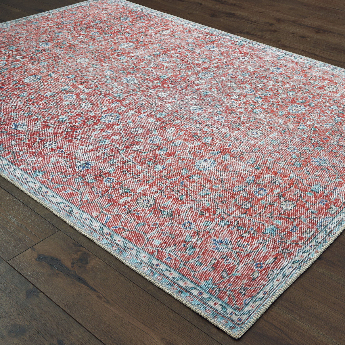 Sofia Red & Blue casual rug with distressed traditional pattern, machine-woven polyester chenille.