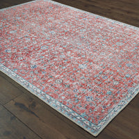 Sofia Red & Blue casual rug with distressed traditional pattern, machine-woven polyester chenille.