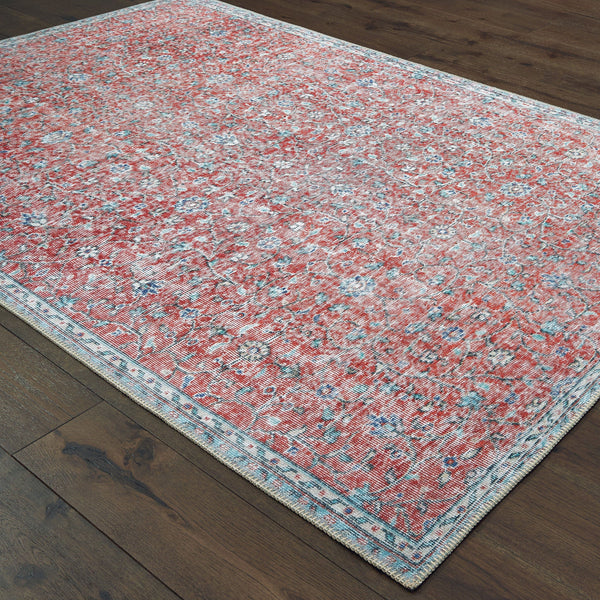 Sofia Red & Blue casual rug with distressed traditional pattern, machine-woven polyester chenille.
