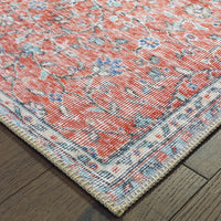 Sofia Red & Blue Casual Rug with distressed traditional pattern, machine-woven polyester chenille, on wood floor.