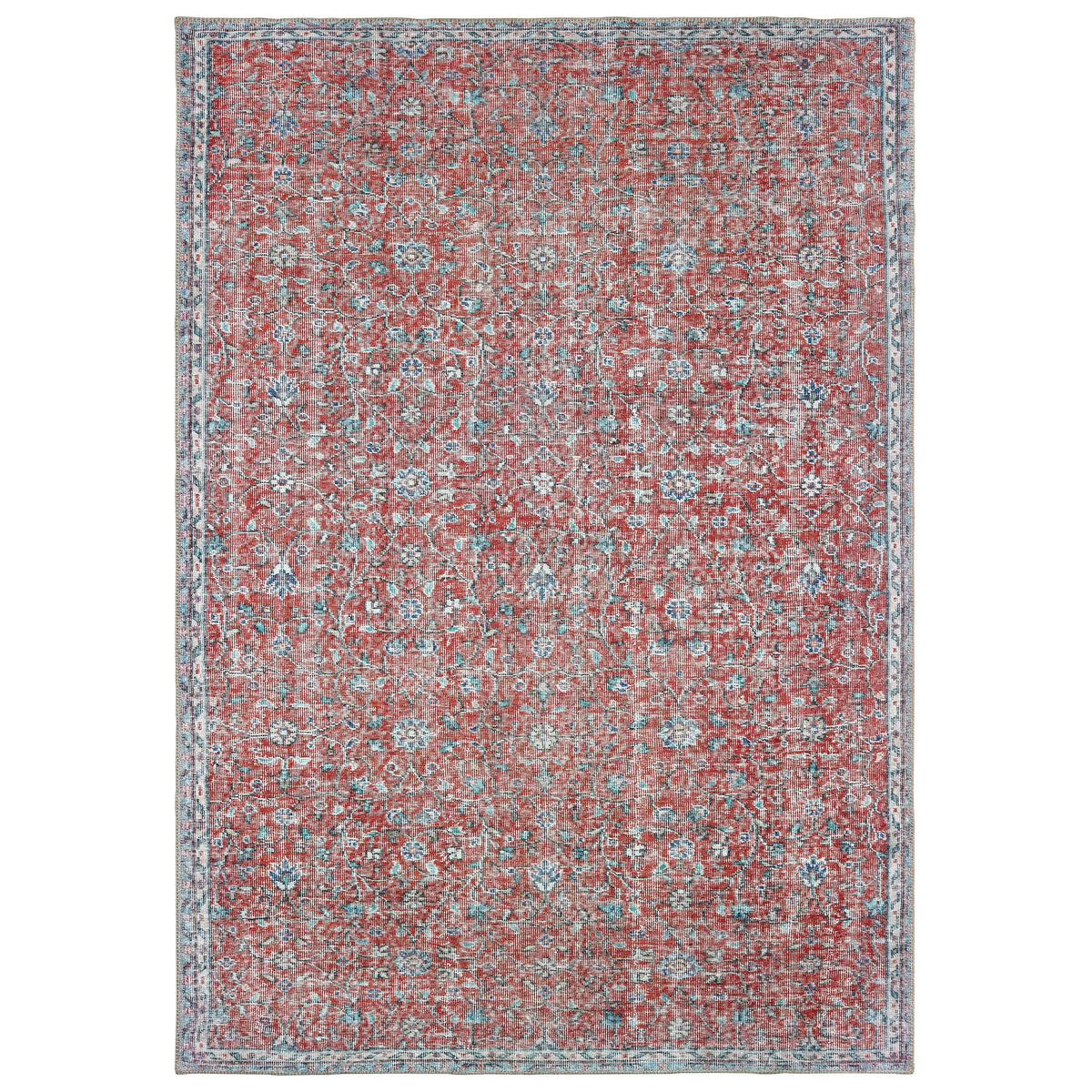Sofia Red & Blue Casual Rug with distressed traditional pattern, machine-woven polyester chenille.