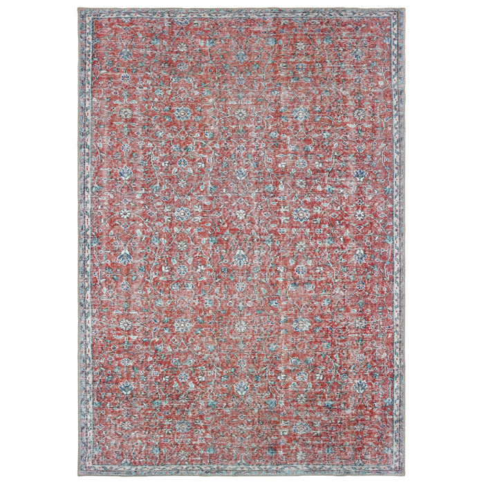 Sofia Red & Blue Casual Rug with distressed traditional pattern, machine-woven polyester chenille.
